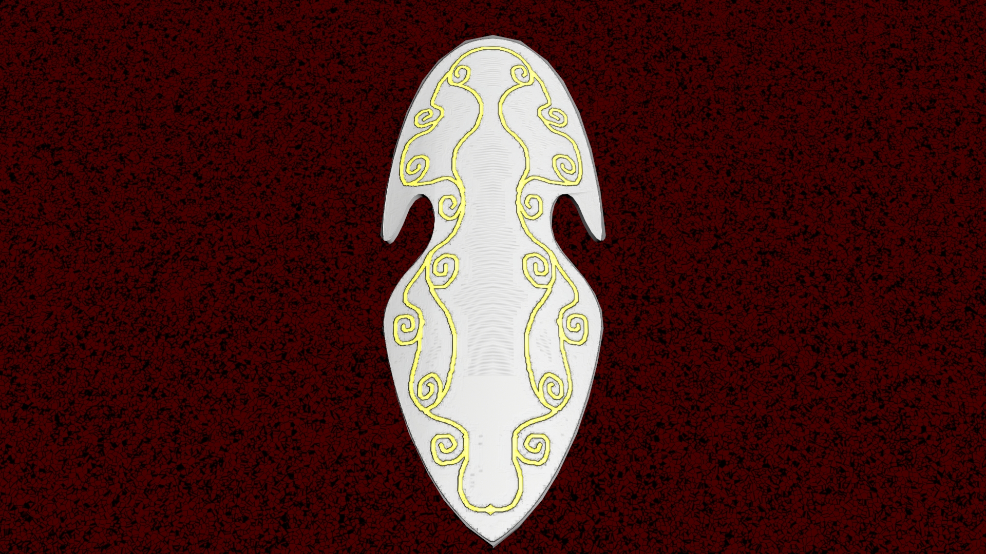 3D rendered shield with a swirling design on the front.